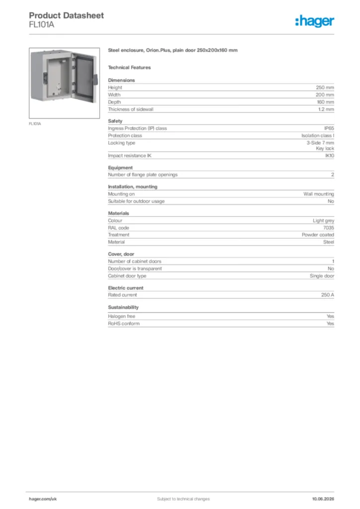 Image Hager Product data sheet FL101A  | Hager