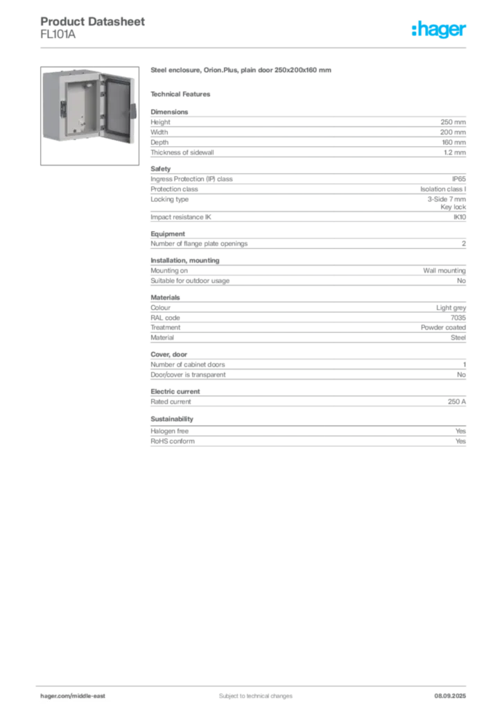 Image Hager Product data sheet FL101A  | Hager