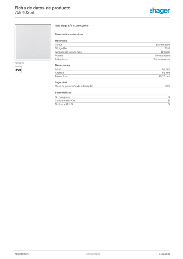 Imagen Hager Ficha de datos de producto 75940259 | Hager España