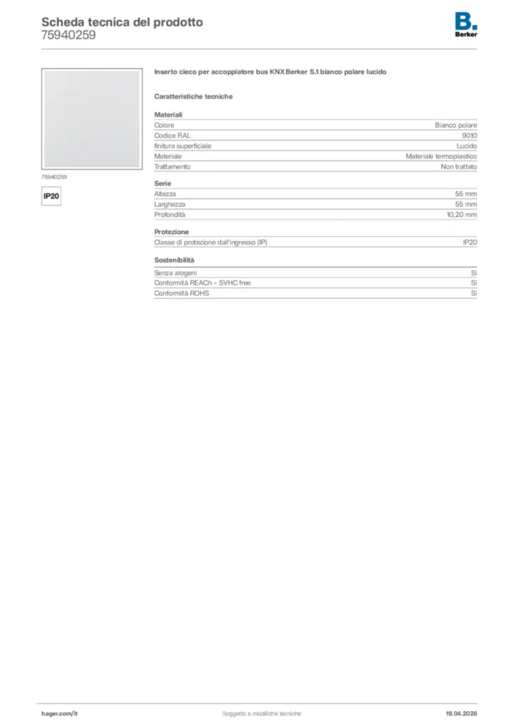 Immagine Berker Scheda tecnica del prodotto 75940259 | Hager Italia