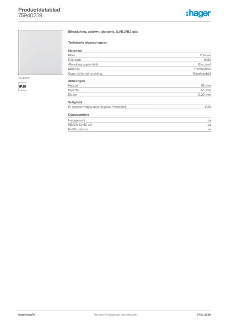 Afbeelding Hager Productdatablad 75940259 | Hager Nederland