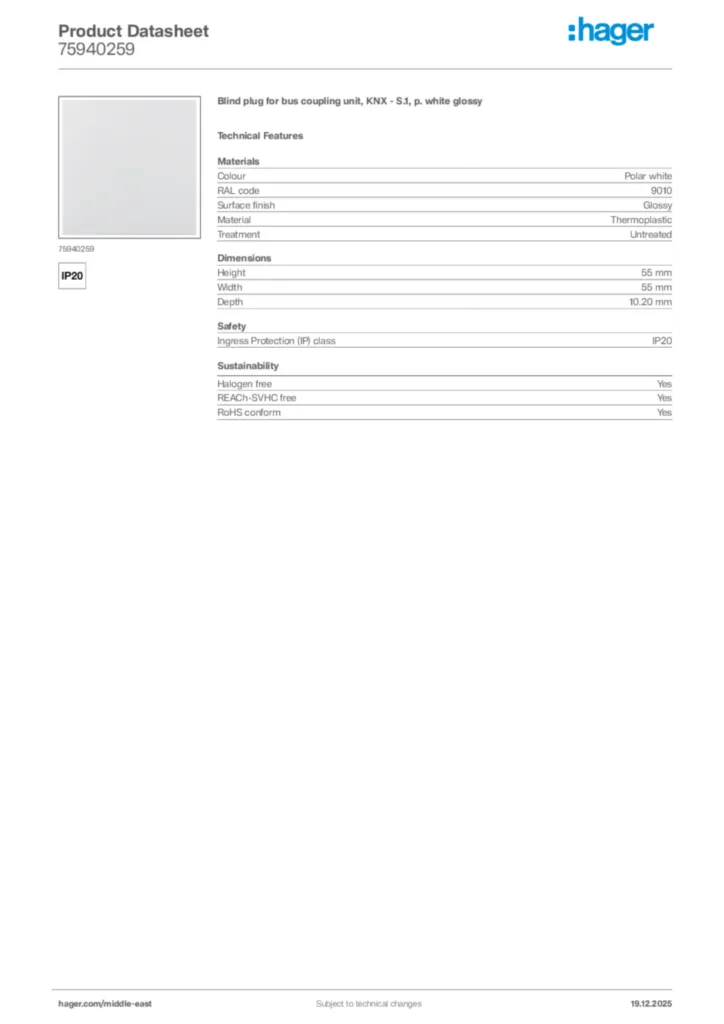 Image Hager Product data sheet 75940259  | Hager