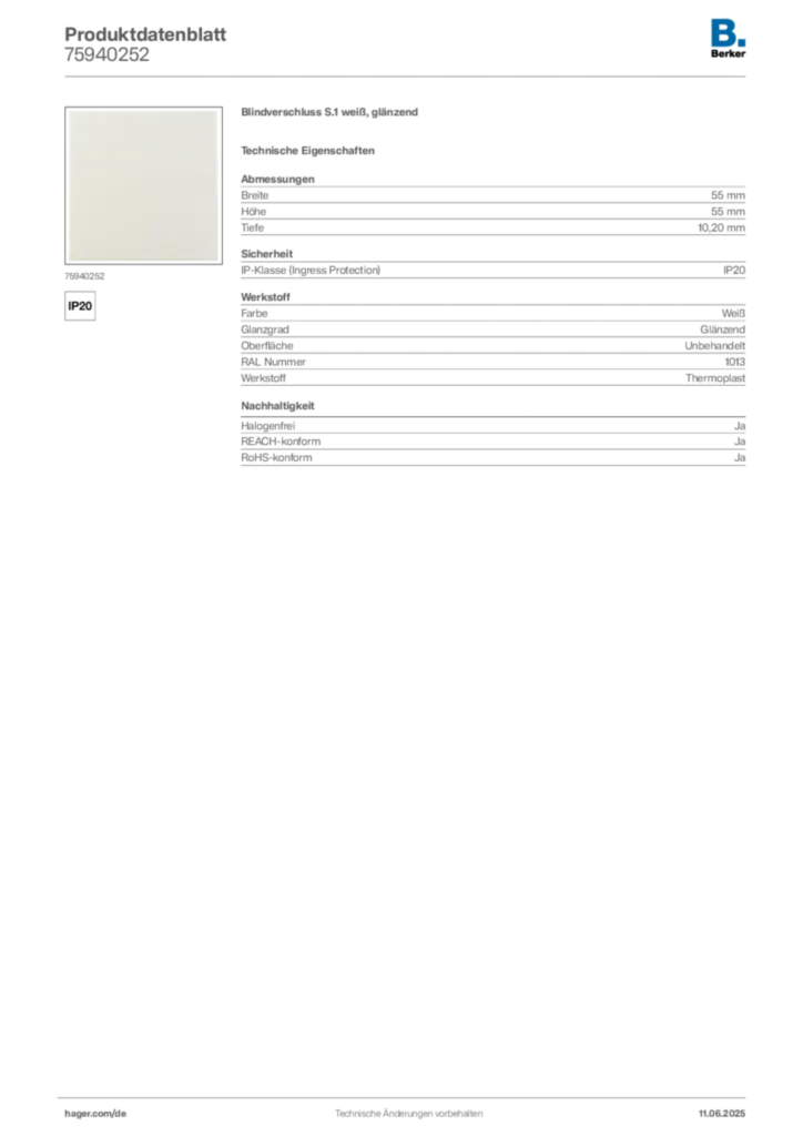 Bild Berker Produktdatenblatt 75940252 | Hager Deutschland