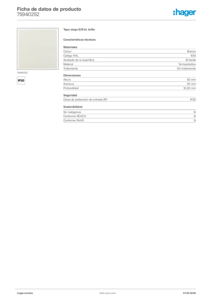 Imagen Hager Ficha de datos de producto 75940252 | Hager España