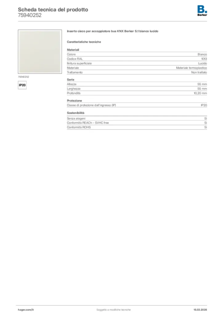 Immagine Berker Scheda tecnica del prodotto 75940252 | Hager Italia
