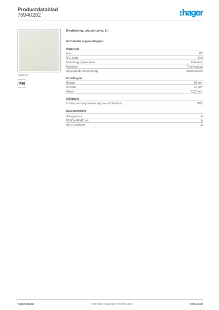 Afbeelding Hager Productdatablad 75940252 | Hager Nederland