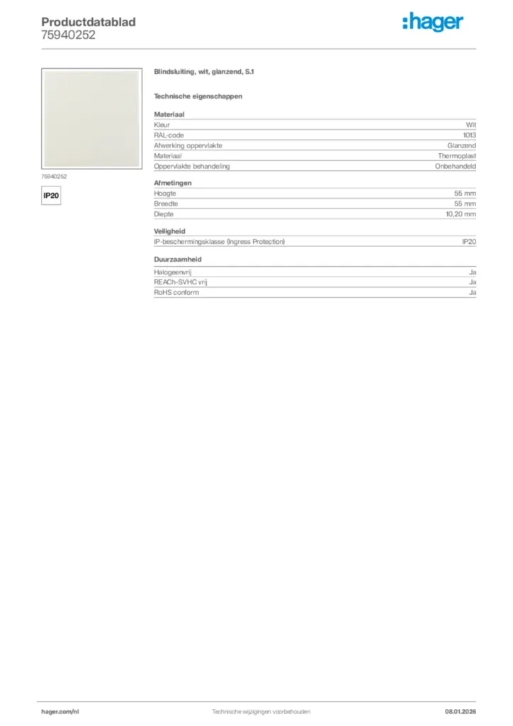 Afbeelding Hager Productdatablad 75940252 | Hager Nederland