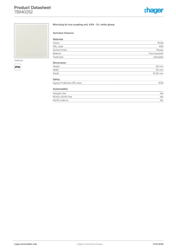 Image Hager Product data sheet 75940252  | Hager