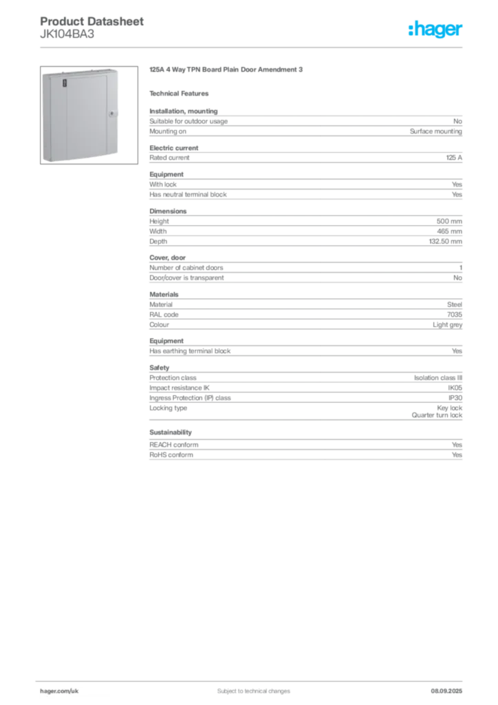 Image Hager Product data sheet JK104BA3  | Hager