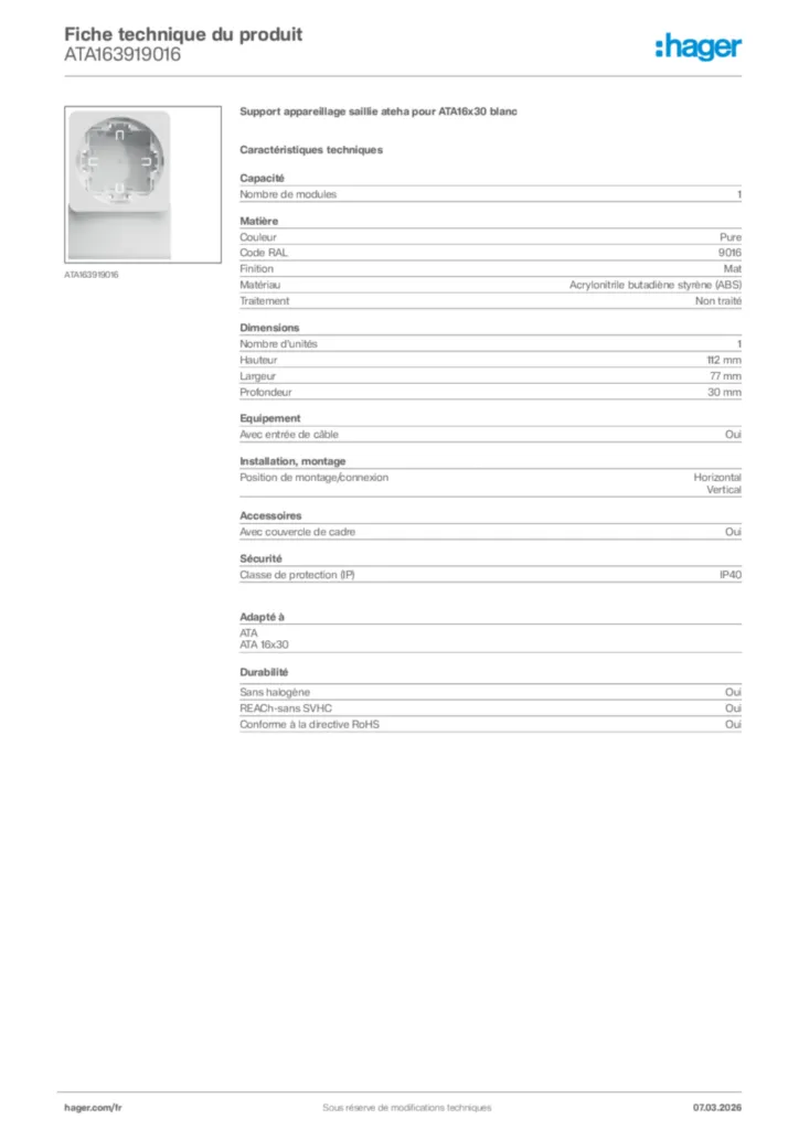 Image Hager Fiche technique du produit ATA163919016 | Hager France