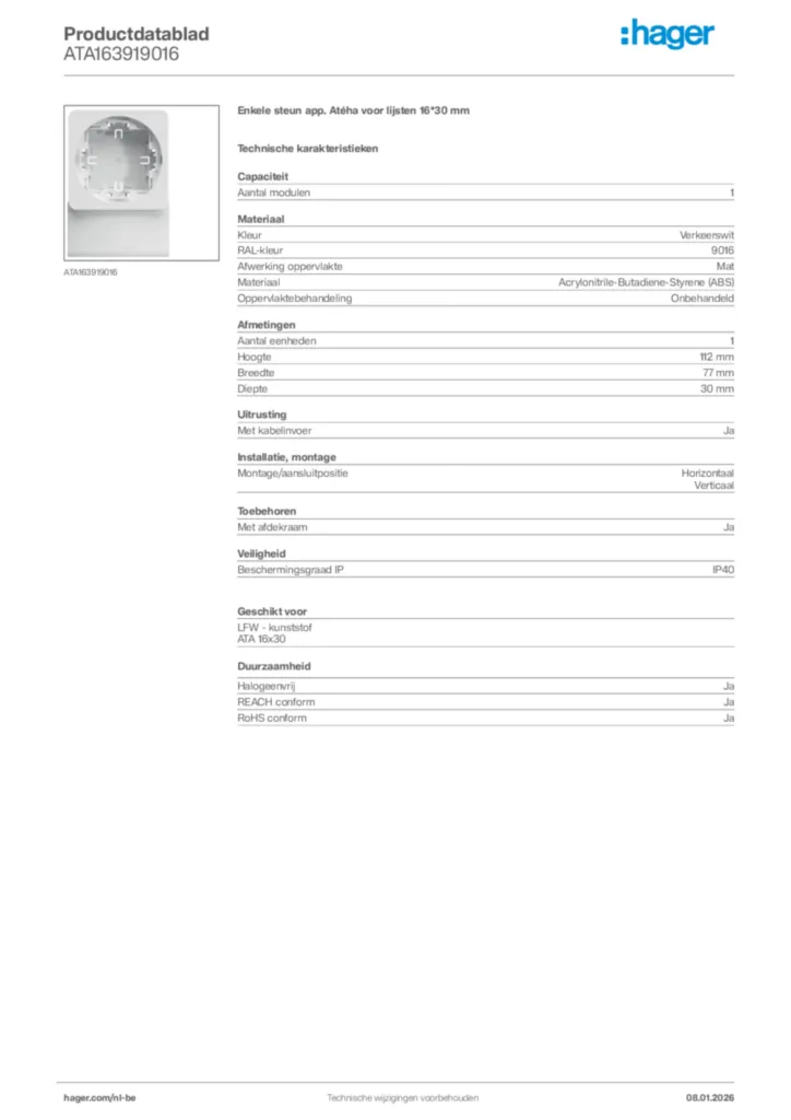 Afbeelding Hager Productdatablad ATA163919016 | Hager Belgium