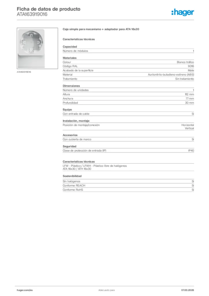 Imagen Hager Ficha de datos de producto ATA163919016 | Hager España