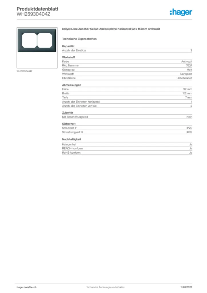 Bild Hager Produktdatenblatt WH25930404Z | Hager Schweiz