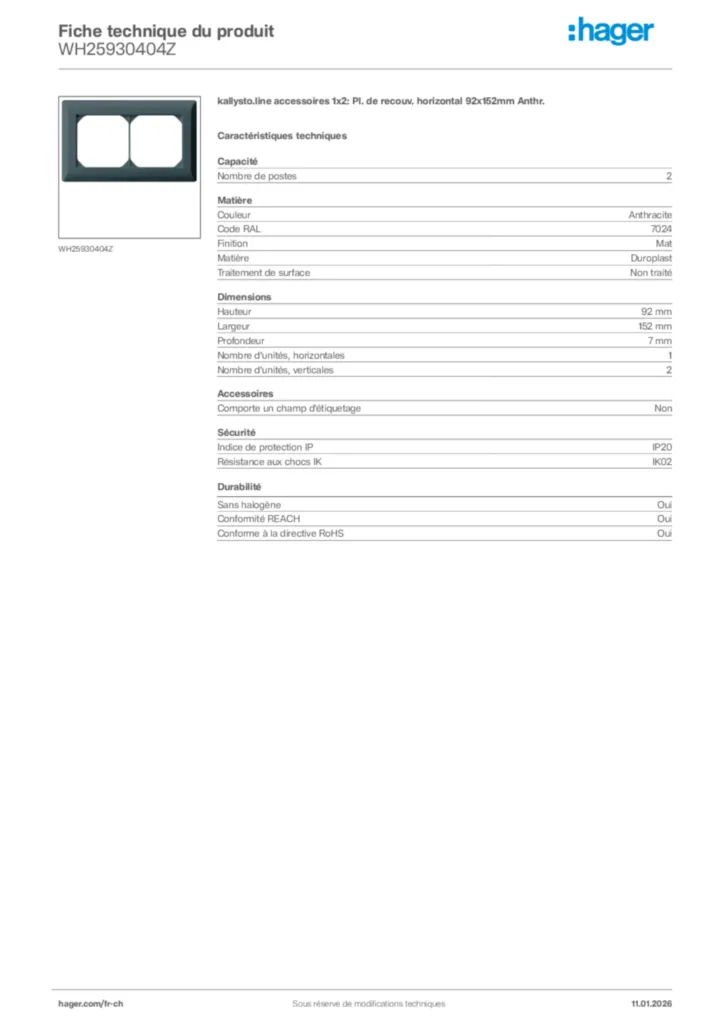 Image Hager Fiche technique du produit WH25930404Z | Hager Suisse