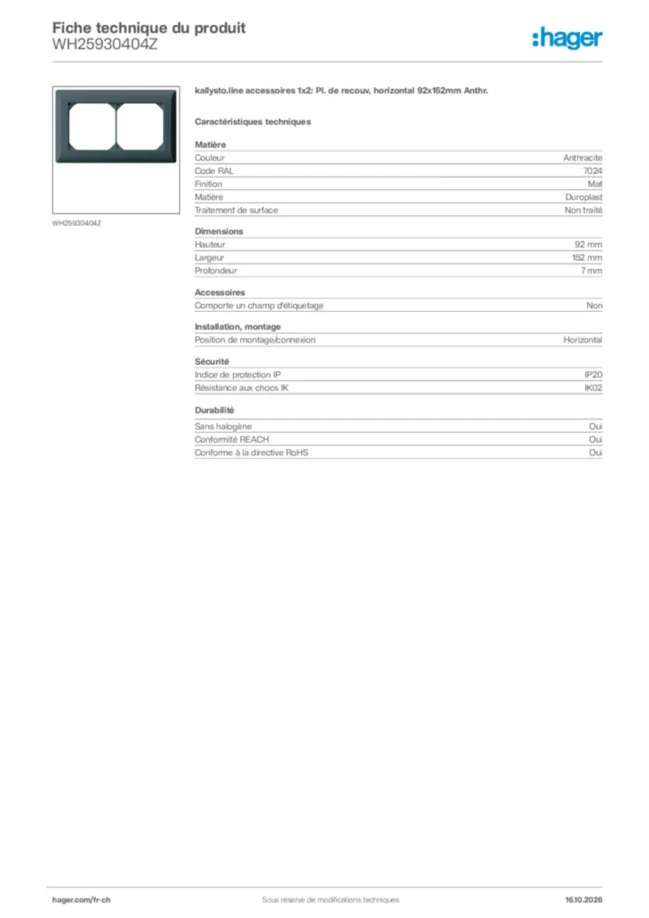 Image Hager Fiche technique du produit WH25930404Z | Hager Suisse