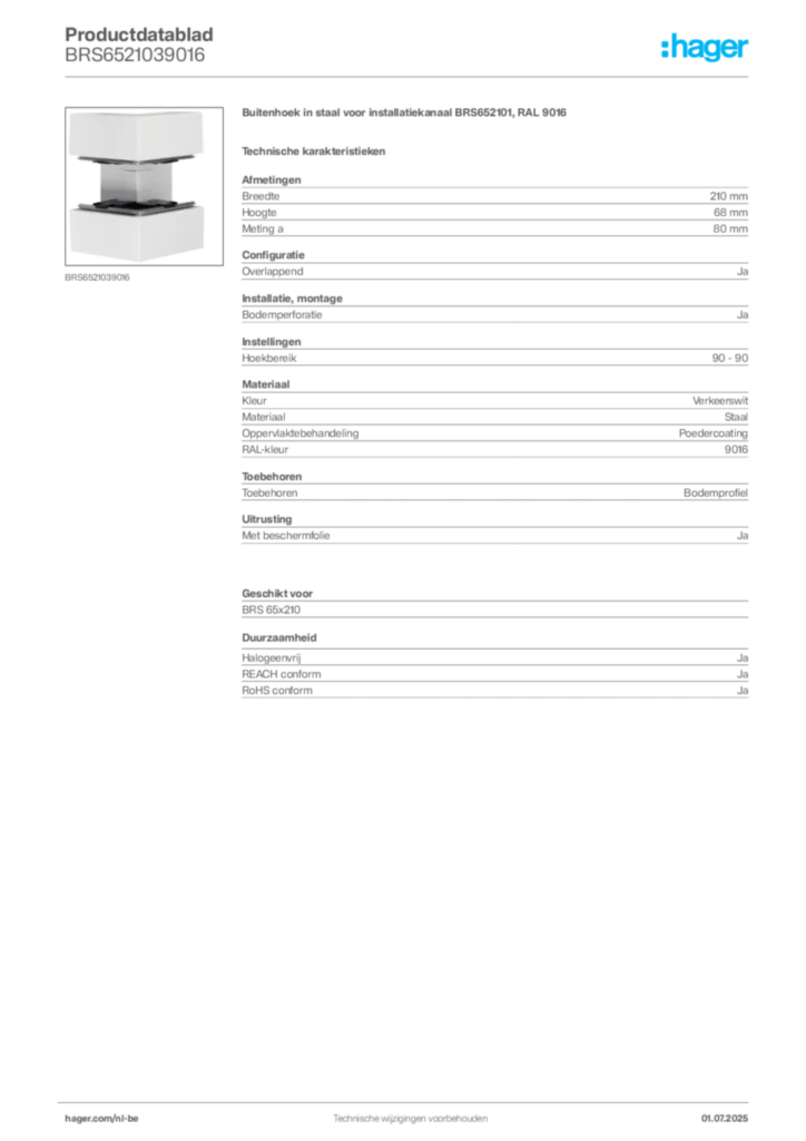 Afbeelding Hager Productdatablad BRS6521039016 | Hager Belgium