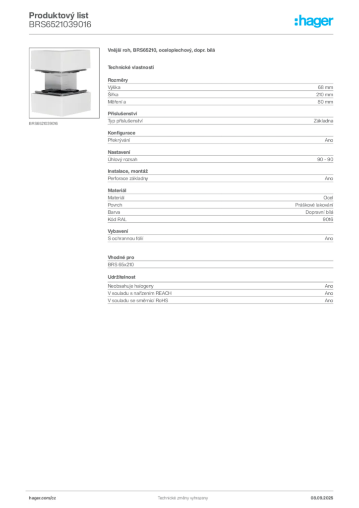 Obrázek Hager Produktový list BRS6521039016 | Hager