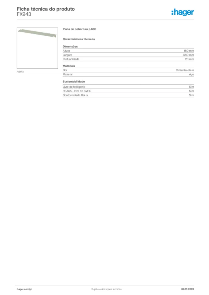 Imagem Hager Ficha técnica do produto FX943 | Hager Portugal