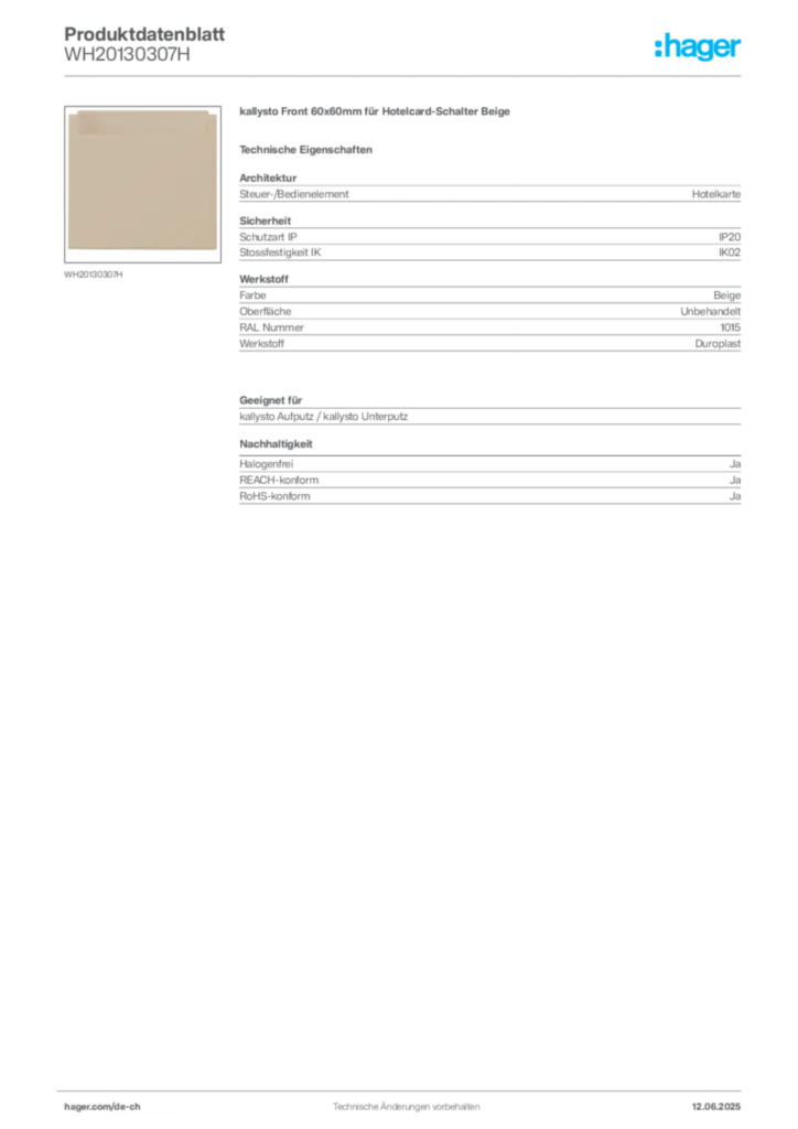 Bild Hager Produktdatenblatt WH20130307H | Hager Schweiz