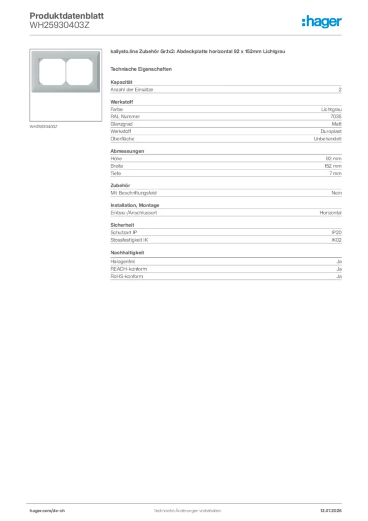 Bild Hager Produktdatenblatt WH25930403Z | Hager Schweiz