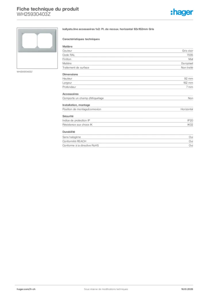 Image Hager Fiche technique du produit WH25930403Z | Hager Suisse