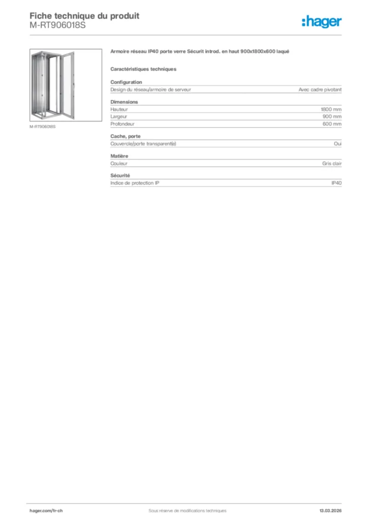 Image Hager Fiche technique du produit M-RT906018S | Hager Suisse
