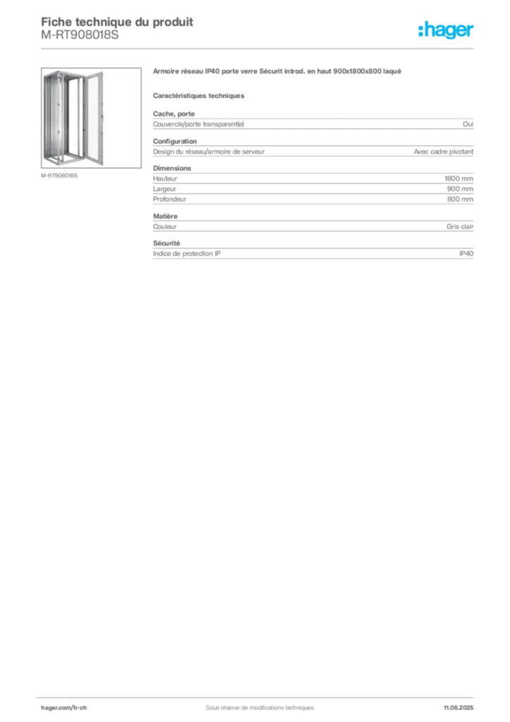 Image Hager Fiche technique du produit M-RT908018S | Hager Suisse