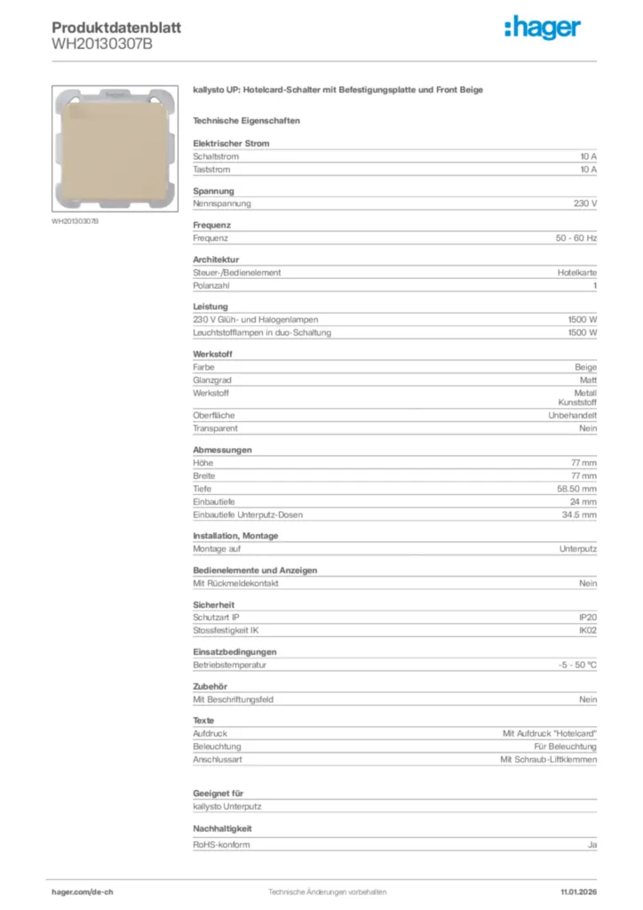 Bild Hager Produktdatenblatt WH20130307B | Hager Schweiz