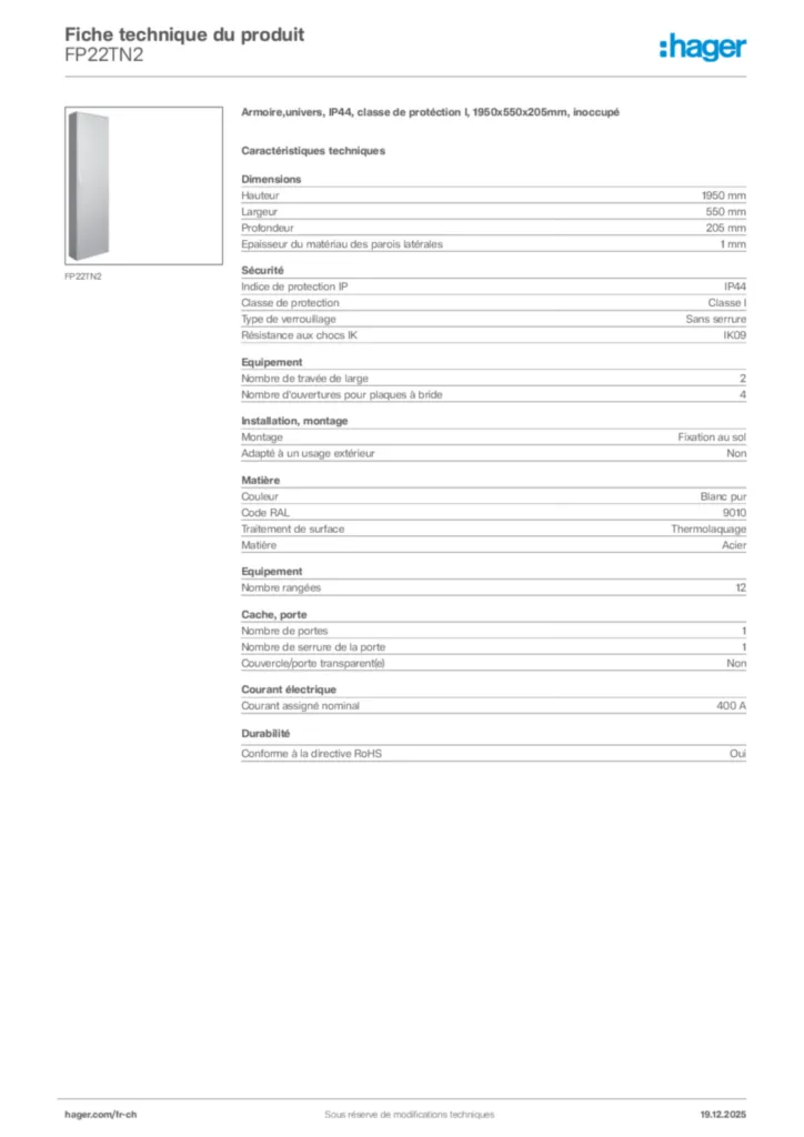 Image Hager Fiche technique du produit FP22TN2 | Hager Suisse