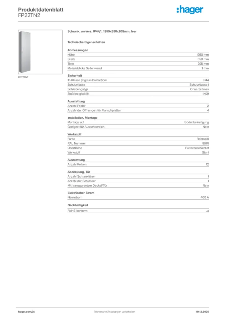 Bild Hager Produktdatenblatt FP22TN2 | Hager Deutschland