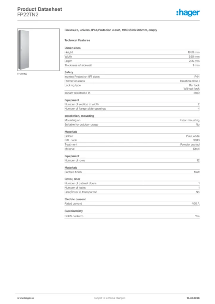 Image Hager Product data sheet FP22TN2  | Hager