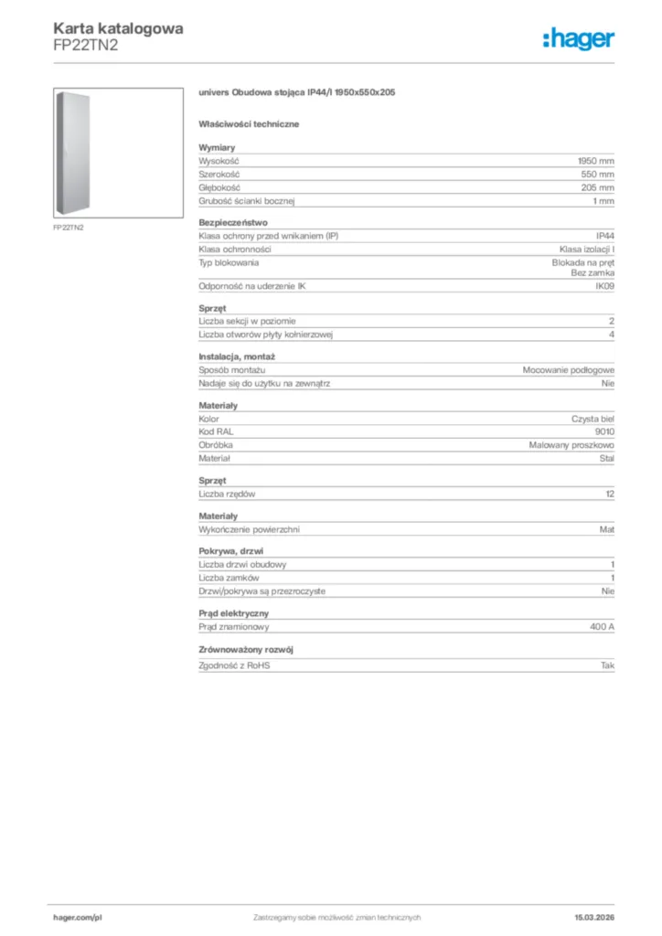 Zdjęcie Hager Karta katalogowa FP22TN2 | Hager Polska