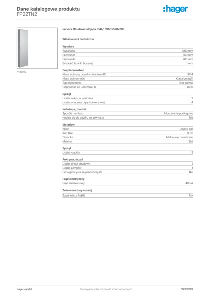 Zdjęcie Hager Karta katalogowa FP22TN2 | Hager Polska