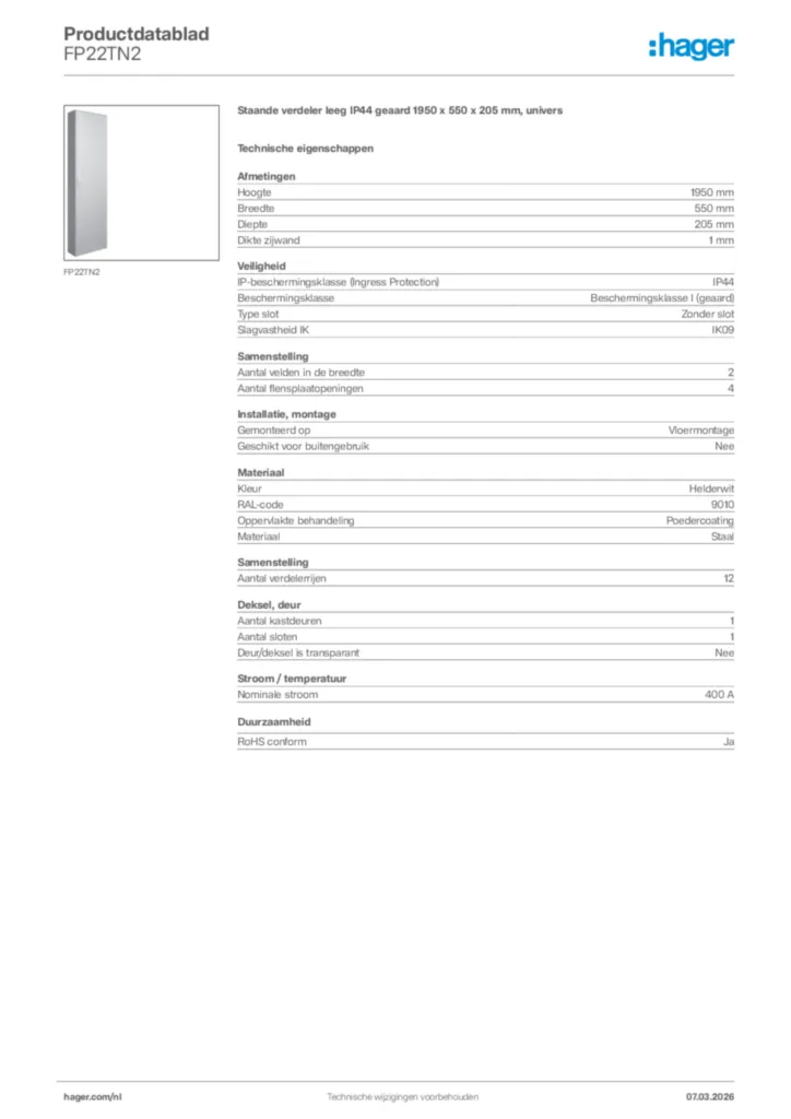 Afbeelding Hager Productdatablad FP22TN2 | Hager Nederland