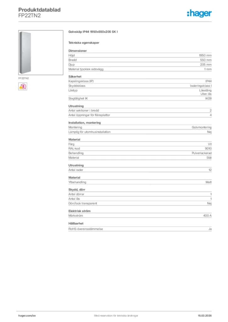 Bild Hager Produktdatablad FP22TN2 | Hager Sverige