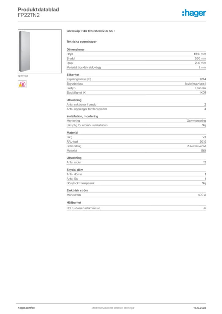 Bild Hager Produktdatablad FP22TN2 | Hager Sverige