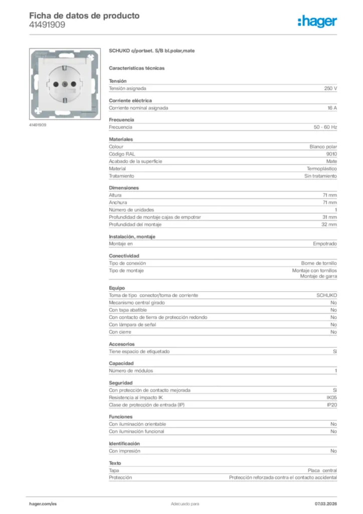 Imagen Hager Ficha de datos de producto 41491909 | Hager España