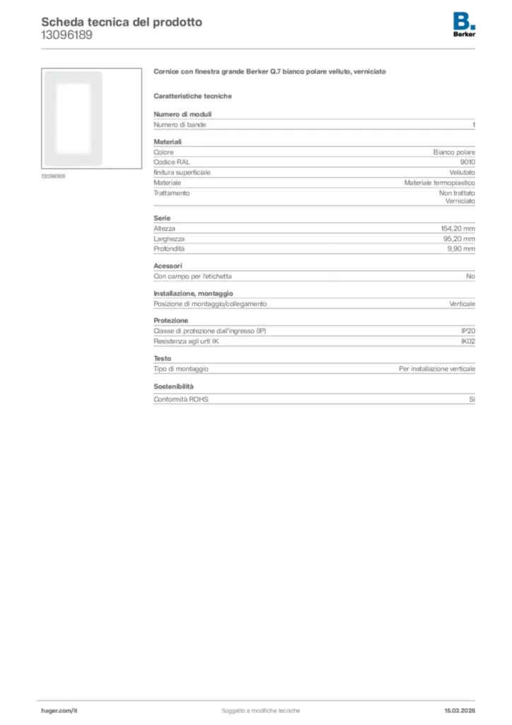 Immagine Berker Scheda tecnica del prodotto 13096189 | Hager Italia