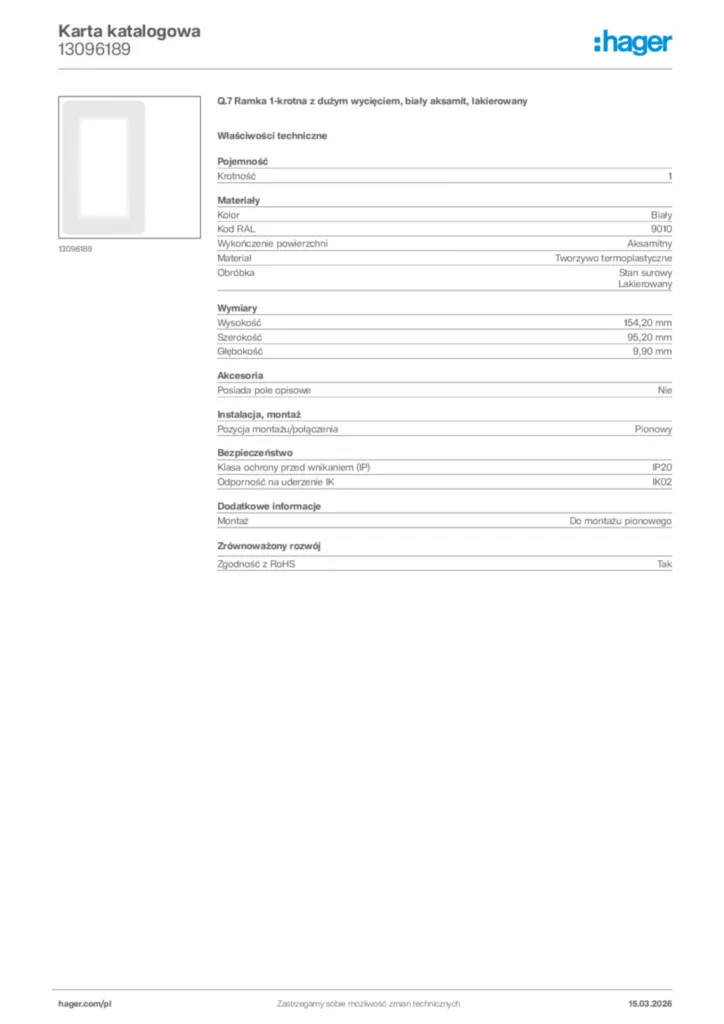 Zdjęcie Hager Karta katalogowa 13096189 | Hager Polska