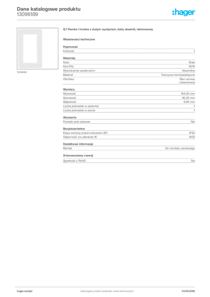 Zdjęcie Hager Karta katalogowa 13096189 | Hager Polska
