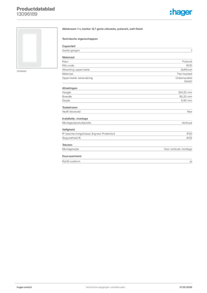Afbeelding Hager Productdatablad 13096189 | Hager Nederland