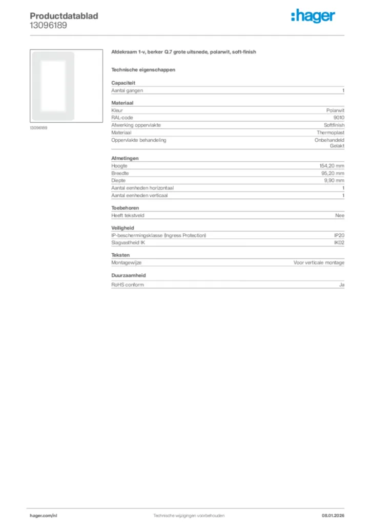 Afbeelding Hager Productdatablad 13096189 | Hager Nederland