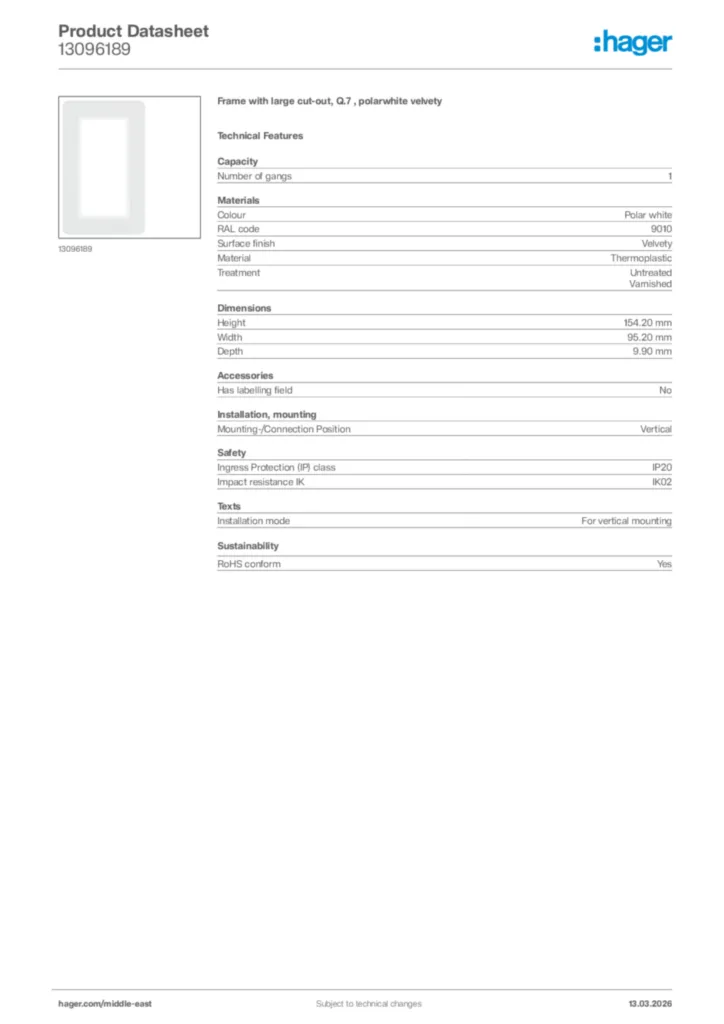 Image Hager Product data sheet 13096189  | Hager