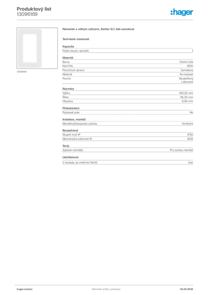 Obrázek Hager Product data sheet 13096189 | Hager
