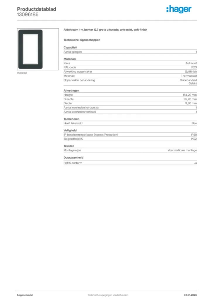 Afbeelding Hager Productdatablad 13096186 | Hager Nederland