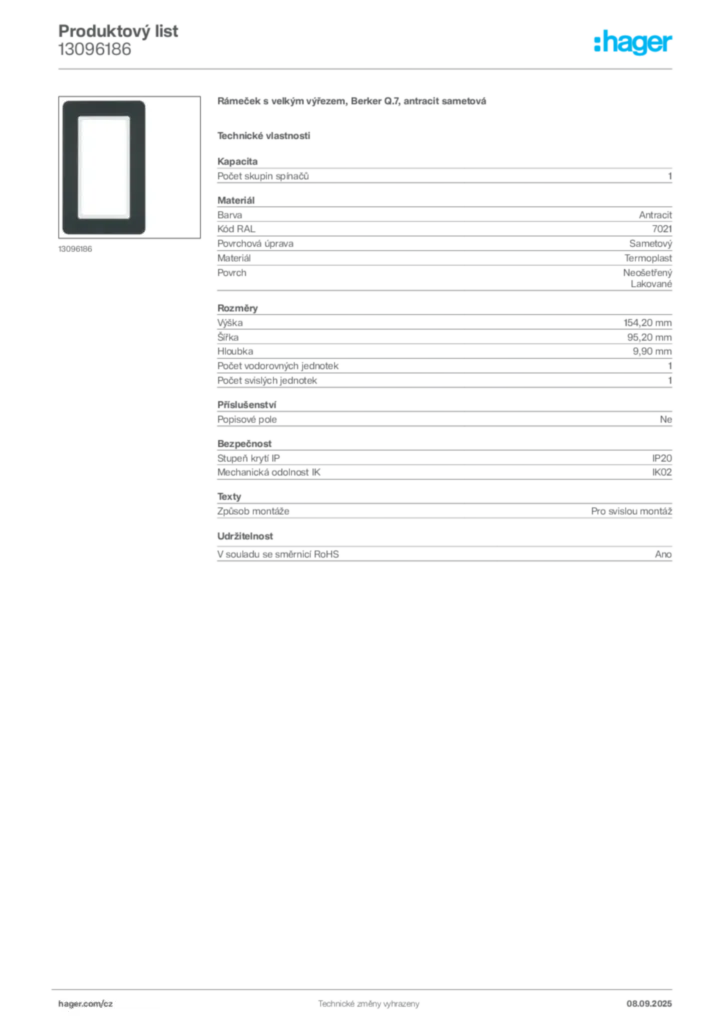 Obrázek Hager Produktový list 13096186 | Hager