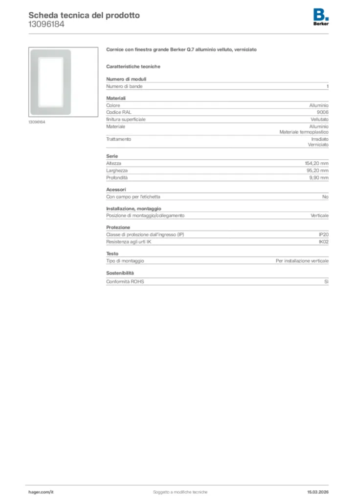 Immagine Berker Scheda tecnica del prodotto 13096184 | Hager Italia