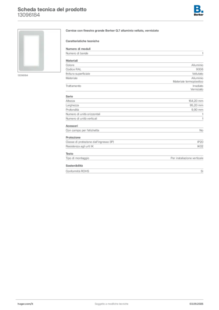 Immagine Berker Scheda tecnica del prodotto 13096184 | Hager Italia