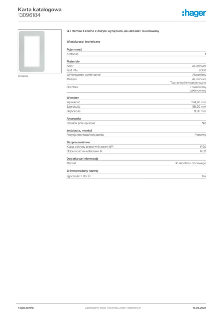 Zdjęcie Hager Karta katalogowa 13096184 | Hager Polska