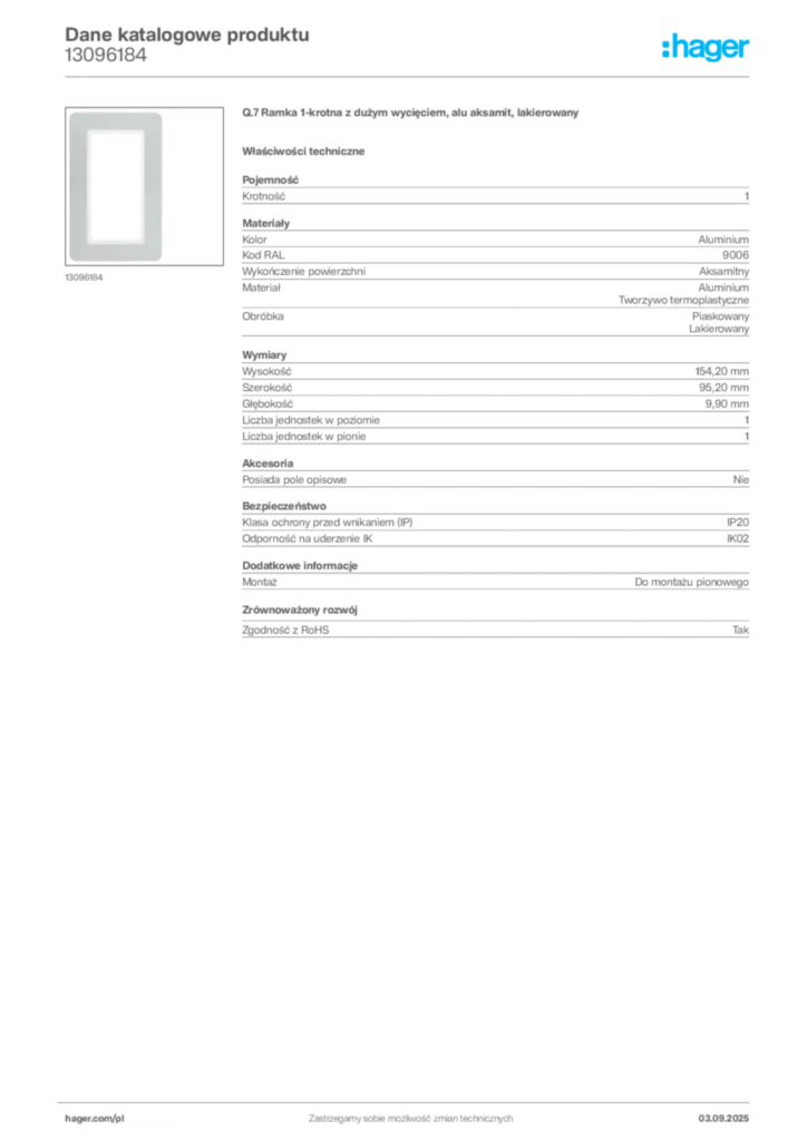 Zdjęcie Hager Karta katalogowa 13096184 | Hager Polska